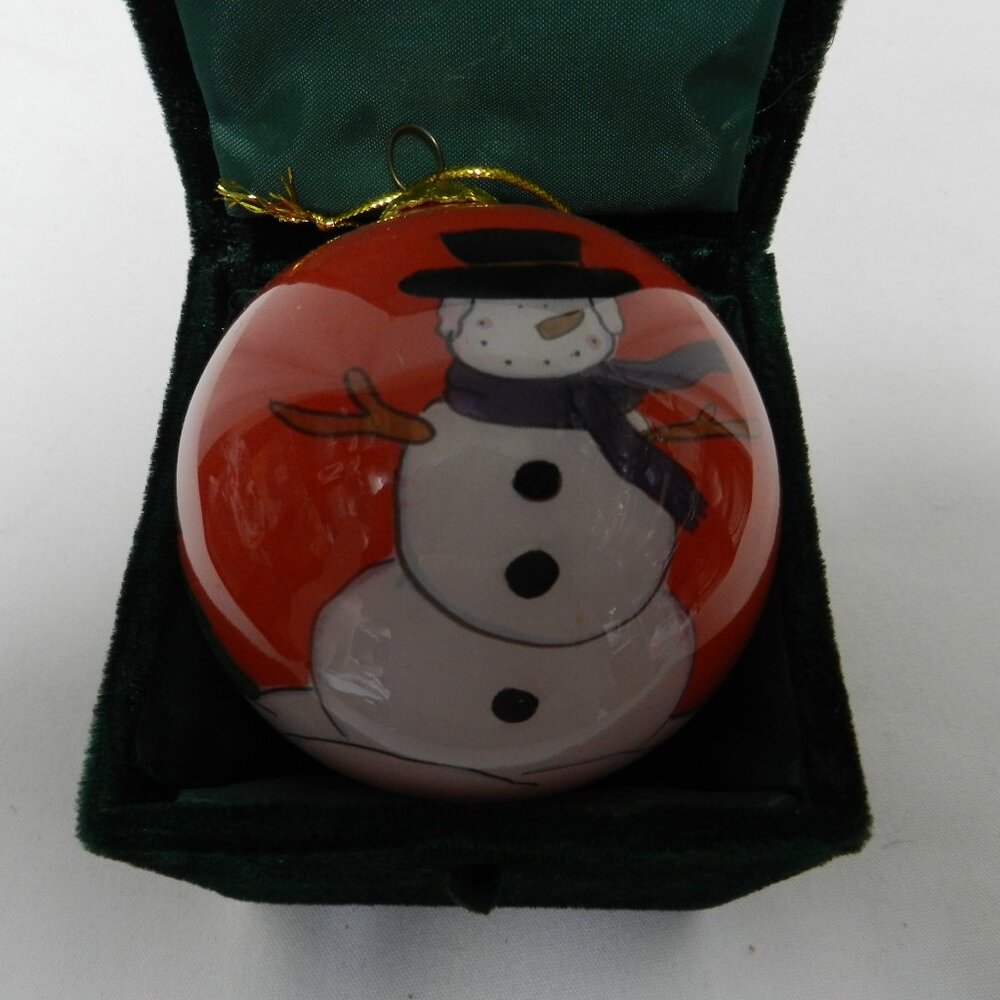 Li Bien Snowman Christmas Ornament Vintage w/ Box Holidays red green 3" x 3"